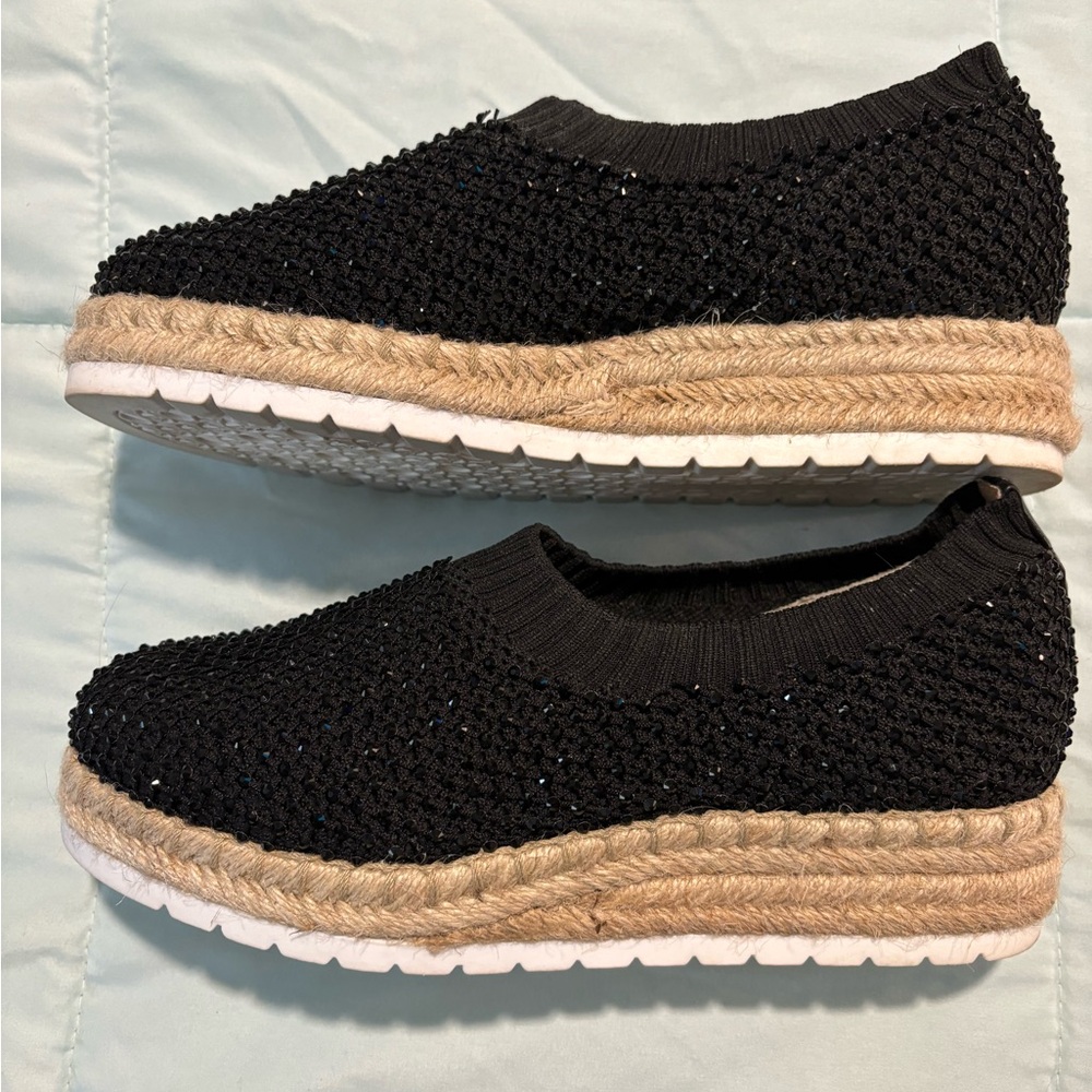 Black crystalized Adrienne Vittadini platform espadrilles.